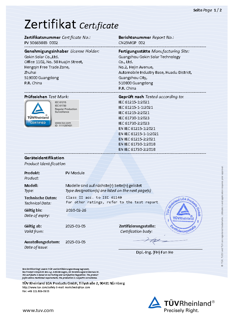 IEC61215&IEC61730 TüV Certyfikat BC modu?u dwuszyboweg