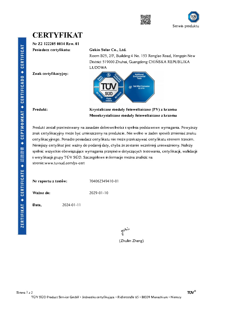 TüV SUD Certyfikat mg?y solnej dla modu?u dwuszybowego