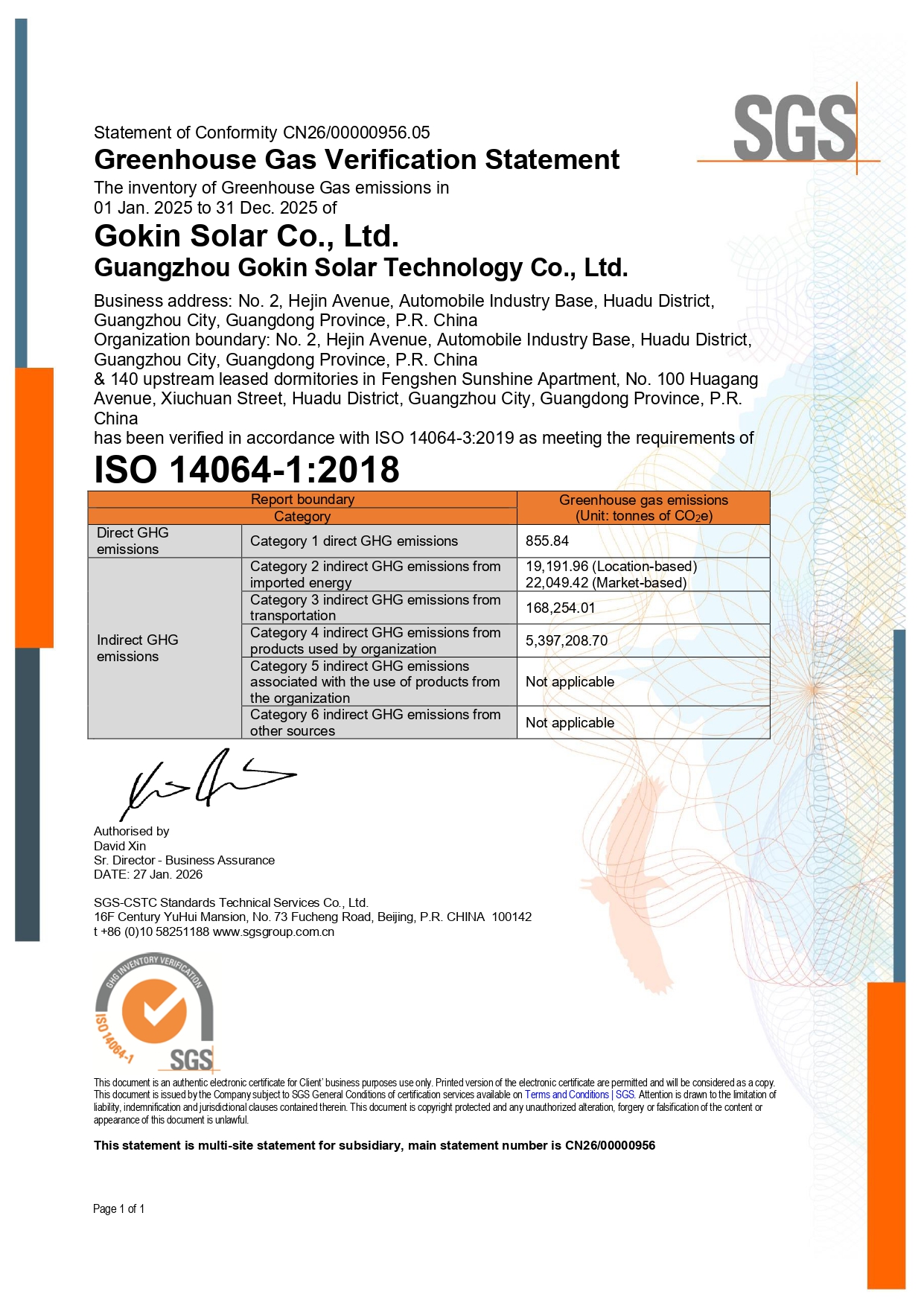 ZSN240229 - Guangzhou Gokin Déclaration de vérification des gaz à effet de serre