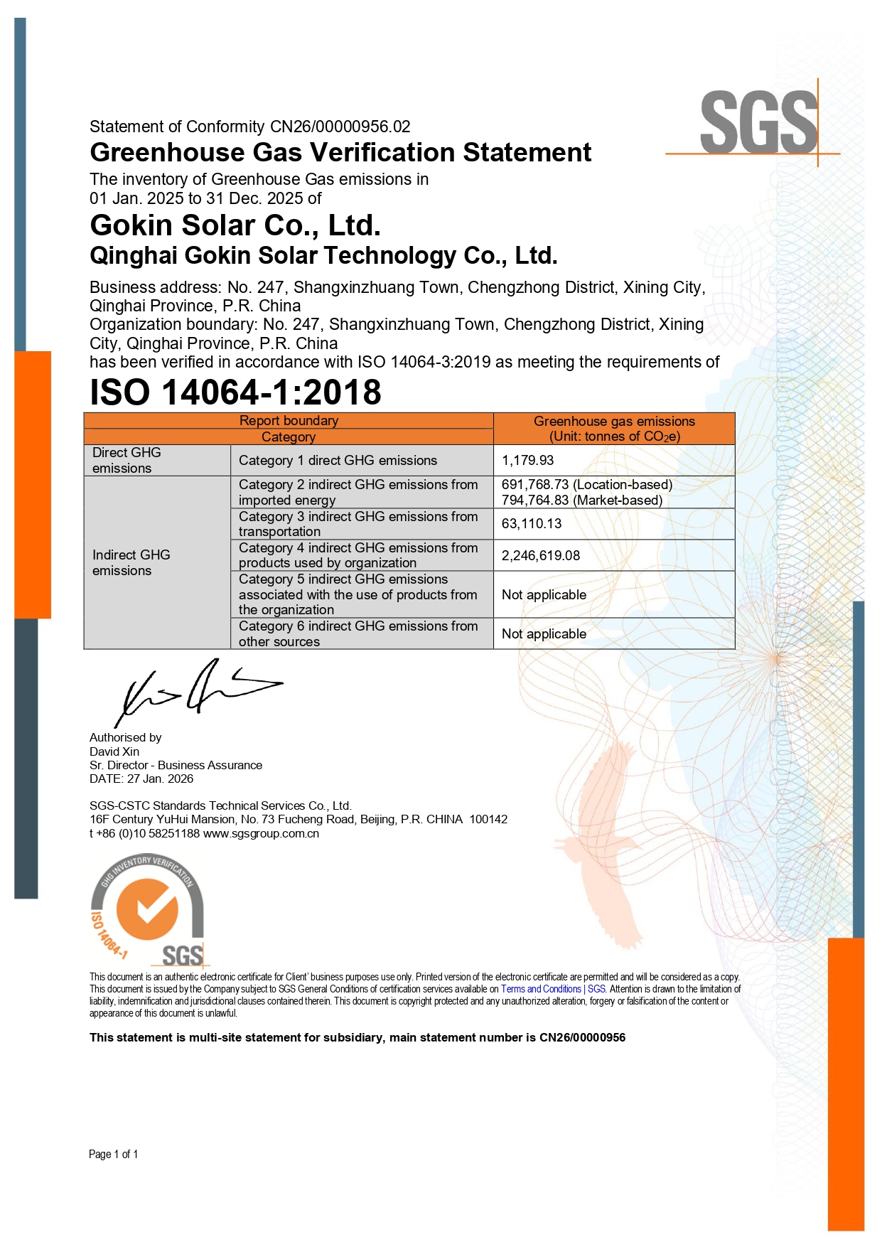 ZSN240229 - Qinghai Gokin Declara??o de Verifica??o de Gases de Efeito Estufa
